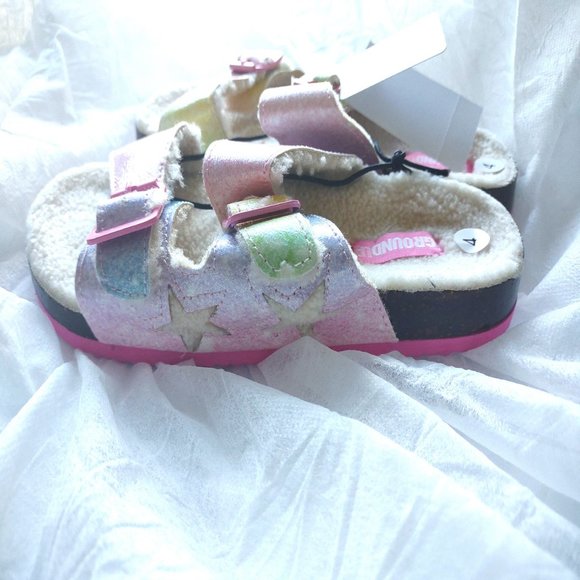 NWT Ground Up Sherpa Slipper Sandals Girls Rainbow Glitter - Picture 5 of 6